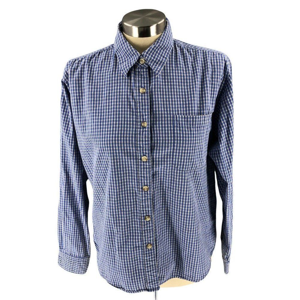 Wrangler Riata Womens Shirt Medium Blue Plaid Button Up Long Sleeve Collared EUC